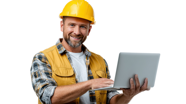 Construction Professional at Work: A construction worker in a safety hardhat and work attire, using a laptop, a portrait of determination, experience.