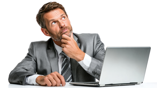 Mindful Calculation: A focused business professional leans pensively, his gaze turned skyward, embodying contemplation at his work.