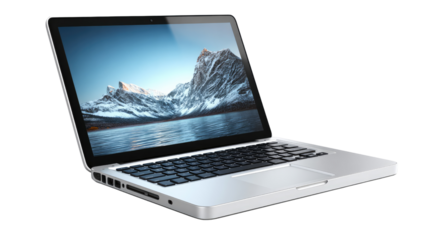 Sleek Laptop on Display: A modern laptop computer sits elegantly, its screen displaying a breathtaking mountain scene, perfect for illustrating technology and work-life balance.