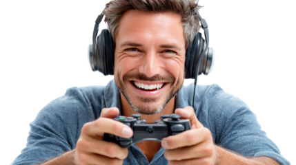Immersed in Gaming: A person is absorbed in a thrilling game, headphones amplifying the audio, with a concentrated focus in action.