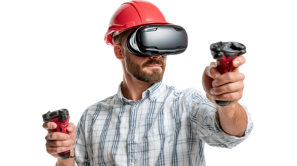 VR Construction Blueprint: A construction worker immersed in a virtual reality experience, wearing a headset and holding controllers.