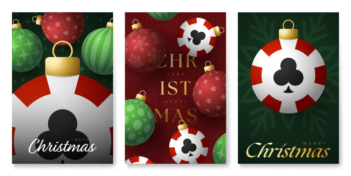 Poker casino Christmas and New Year banners set. Luxury Modern xmas design for xmas party. Minimal art banner, poster, cover templates. Vector illustration