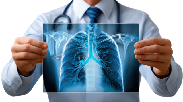 Medical Insight: A doctor holds an X-ray of lungs, symbolizing healthcare, and scientific advancements in the field of medicine. 