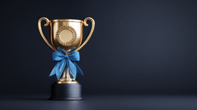 Golden trophy with blue ribbon on a dark background, symbolizing achievement
