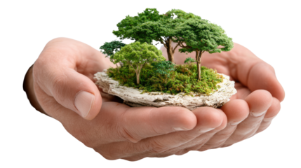 Hand of Nature: A gentle pair of hands cradles a miniature landscape of lush trees and verdant growth. a powerful symbol of environment preservation.