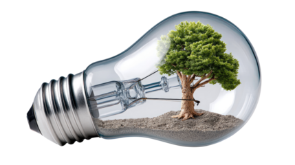 Eco-Conscious Energy: A striking visual of a tree flourishing inside a light bulb, symbolizing sustainable energy and environmental consciousness.