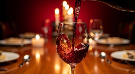 Elegant Wine Pour at Romantic Candlelit Dinner Table.