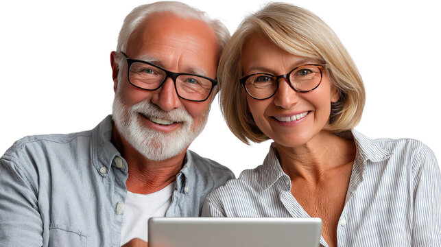 Shared digital moment: a smiling, elderly couple, beaming with joy, engrossed in a digital device, possibly sharing experiences together