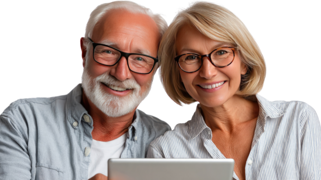 Shared digital moment: a smiling, elderly couple, beaming with joy, engrossed in a digital device, possibly sharing experiences together