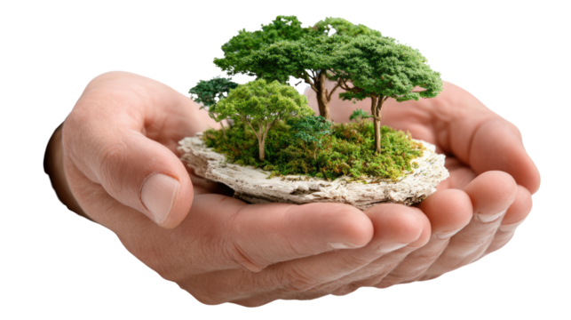 Hand of Nature: A gentle pair of hands cradles a miniature landscape of lush trees and verdant growth. a powerful symbol of environment preservation.