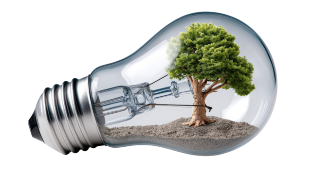 Eco-Conscious Energy: A striking visual of a tree flourishing inside a light bulb, symbolizing sustainable energy and environmental consciousness.