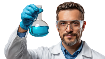Science in a Flask: A confident scientist, donning protective eyewear and gloves, holds up a flask containing a vibrant blue liquid, epitomizing the precision and fascination of scientific discovery.