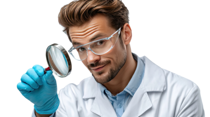 Scientist's Scrutiny: A dedicated scientist, eyes gleaming with intellectual curiosity, peers intently through a magnifying glass, engrossed in his meticulous examination.
