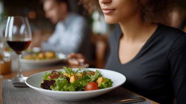 A woman enjoys a fresh salad with a glass of red wine at a restaurant