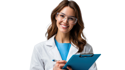 The Scientist at Work: A smiling scientist, clad in a lab coat and protective eyewear, holds a clipboard while penning a scientific note.