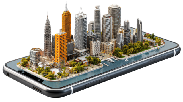 Miniature City on a Phone: A conceptual image showcases a scaled-down urban landscape nestled atop a sleek smartphone, blurring the lines between technology and the cityscape.