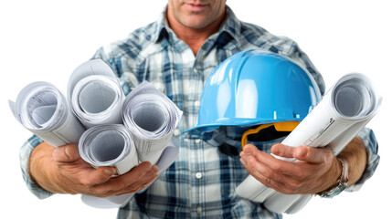 Construction Architect's Vision: An architect or builder confidently presents a roll of architectural plans, alongside a construction helmet.