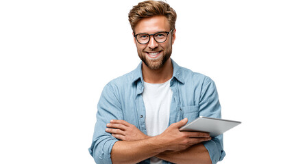 Focused Innovation: A smartly dressed man, sporting glasses and a confident demeanor, holds a tablet, conveying an image of expertise and technological advancement.
