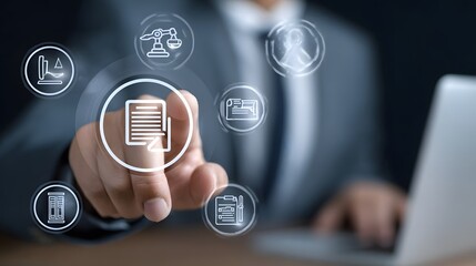 Businessman Touching Virtual Screen with Law and Justice Icons