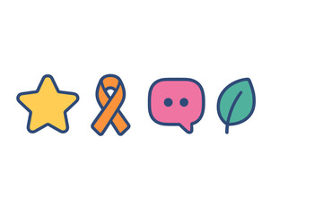Four colorful flat design symbols: star, ribbon, speech bubble, and leaf