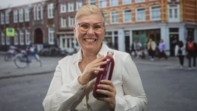 Middle aged woman shaking a red juice bottle with both hands on a busy city street while smiling and wearing glasses; healthy living joy.