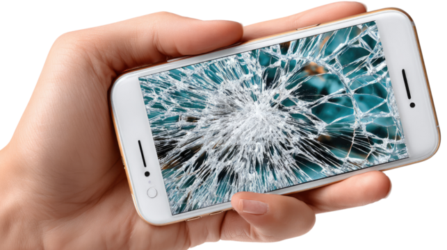 Damaged Screen Display: A hand firmly grips a smartphone with a shattered display. The intricate cracks across the screen stand as a testament to the unfortunate incident.