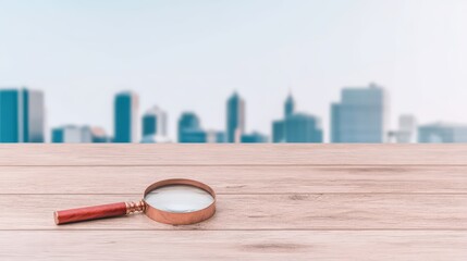 Magnifying Glass on Wooden Table with Cityscape Background and Blurred Skyline in Soft Focus for Exploration Concept