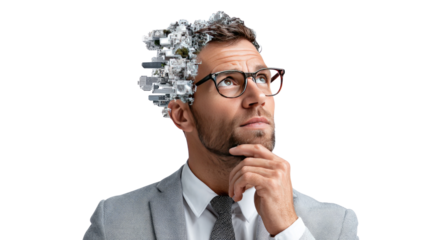 Digital Mind: A man gazes upwards, his head partially transformed into a complex network of technology, symbolizing the fusion of human intellect and digital innovation. 