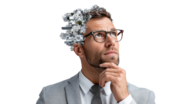 Digital Mind: A man gazes upwards, his head partially transformed into a complex network of technology, symbolizing the fusion of human intellect and digital innovation. 