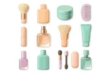 Assortment of pastel cosmetic and beauty accessories on white background