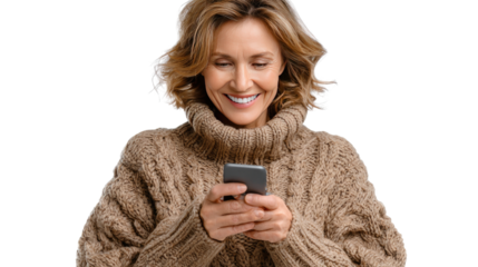 Woman Engrossed in Phone: A captivating portrait of a woman, radiating contentment as she engages with her smartphone, a moment of serenity and connectivity in a cozy knit sweater.