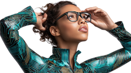 Visionary Style: A woman with focused gaze adjusting eyewear, embodying both modern style and intellectual curiosity. Her determined expression hints at innovation and a clear perspective.