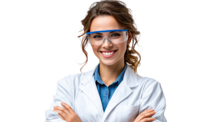 Scientist at the lab: A smiling scientist radiates confidence, poised in a laboratory coat and safety glasses, exemplifying professionalism in the world of science. 