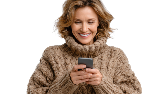 Woman Engrossed in Phone: A captivating portrait of a woman, radiating contentment as she engages with her smartphone, a moment of serenity and connectivity in a cozy knit sweater.
