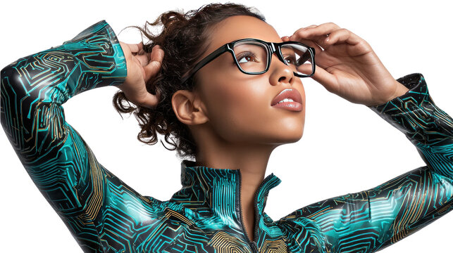 Visionary Style: A woman with focused gaze adjusting eyewear, embodying both modern style and intellectual curiosity. Her determined expression hints at innovation and a clear perspective.