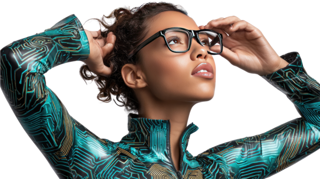 Visionary Style: A woman with focused gaze adjusting eyewear, embodying both modern style and intellectual curiosity. Her determined expression hints at innovation and a clear perspective.