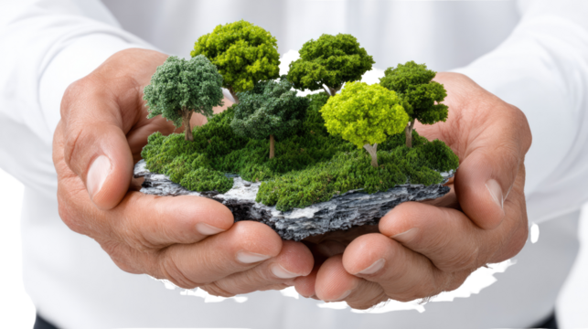 Protecting the Green: A tender scene captures hands carefully cradling a miniature ecosystem of lush green trees, embodying environmental care and conservation.