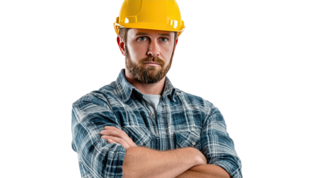 Confident Builder: Portrait of a builder with a serious expression, wearing a yellow safety helmet and plaid shirt. The image captures the essence of a skilled tradesman.