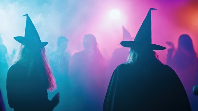 People celebrating halloween dressed as witches, dancing in a nightclub or party setting, surrounded by vibrant neon lights and smoke, creating a mysterious and spooky atmosphere - Powered by Adobe