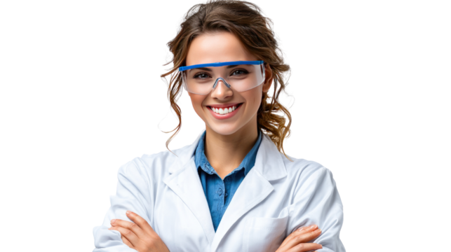 Scientist at the lab: A smiling scientist radiates confidence, poised in a laboratory coat and safety glasses, exemplifying professionalism in the world of science. 
