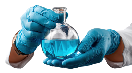 Science Experiment in Progress: A pair of gloved hands carefully cradle a flask filled with vibrant blue liquid, showcasing the precision and intrigue of scientific research.