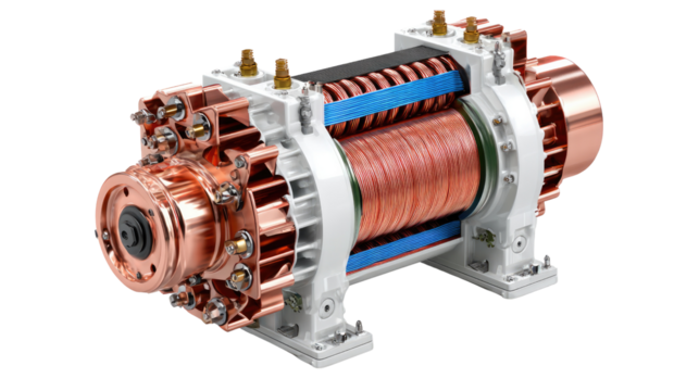 Intricate Machinery: A detailed cross-section of a complex machine, revealing a network of meticulously arranged components, including copper wiring.