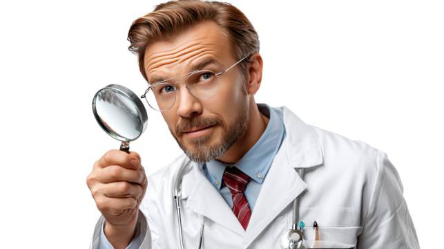 Focused Examination: A keen doctor intently examines a detail through a magnifying glass, conveying the meticulous nature of medical investigation and expertise.