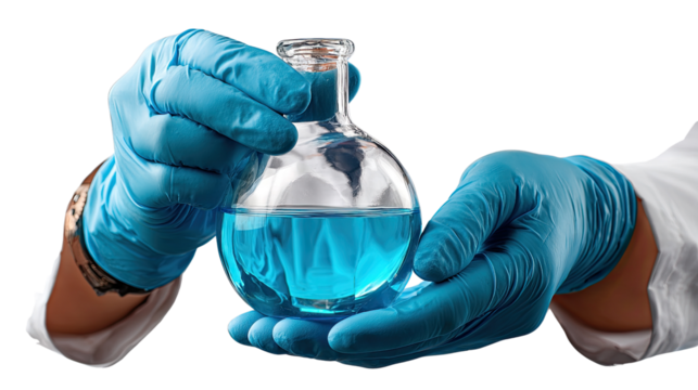 Science Experiment in Progress: A pair of gloved hands carefully cradle a flask filled with vibrant blue liquid, showcasing the precision and intrigue of scientific research.