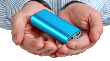 Portable Charger in Hands: A pair of hands tenderly cradles a sleek, blue portable charger, showcasing its compact design and suggesting a reliance on modern technology to ensure connectivity.