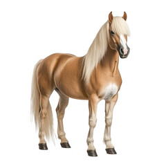 Fototapeta premium A stunning palomino horse stands majestically against a plain white background. its shiny coat and flowing mane. ideal for equestrian-themed projects or animal photography