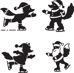 Christmas Fox and Wolf Characters Ice Skating Vector Illustration and Silhouette Design