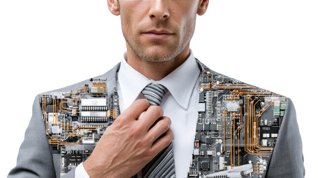 Tech-Infused Executive: A sophisticated executive in a business suit, his jacket seamlessly merging with intricate technological circuitry, symbolizes the fusion of innovation and leadership.