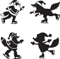 Christmas Fox and Wolf Characters Ice Skating Vector Illustration and Silhouette Design