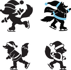 Christmas Fox and Wolf Characters Ice Skating Vector Illustration and Silhouette Design